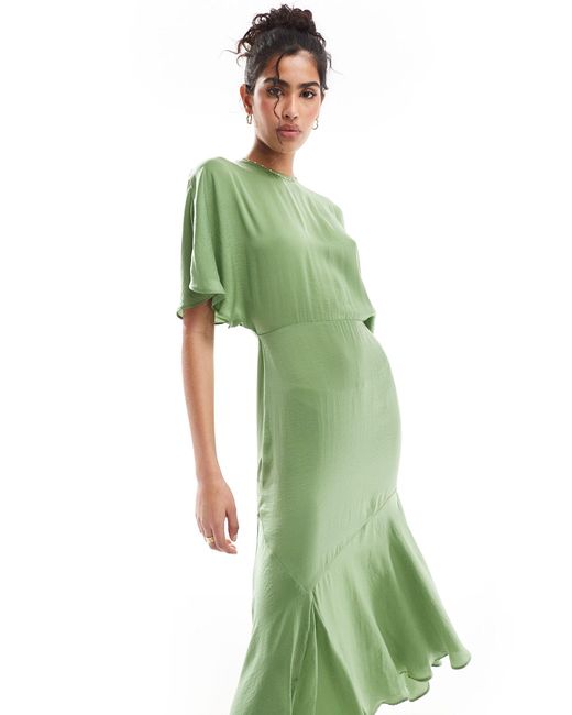 ASOS Green Satin Flutter Sleeve Asymmetric Hem Midi Dress