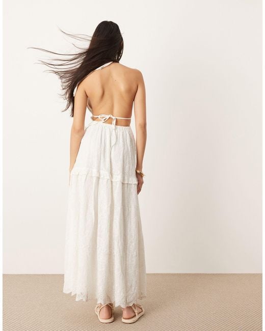 ASOS Natural Broderie Halter Maxi Dress With Open Back