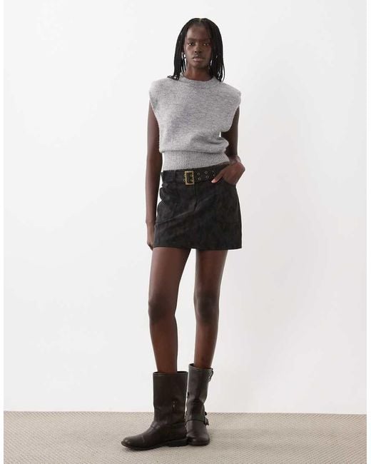 New Look Gray Belted A-Line Faux Suede Mini Skirt