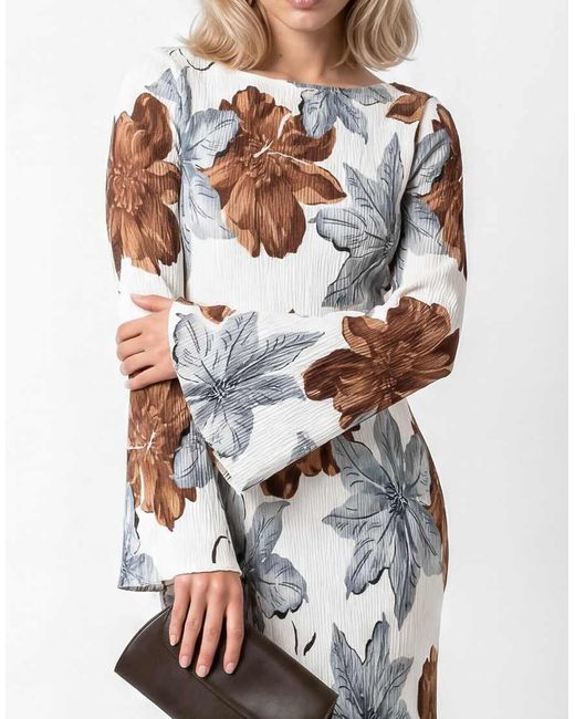 Lovedrobe White Floral Print Trumpet Sleeve Plisse Column Midaxi Dress