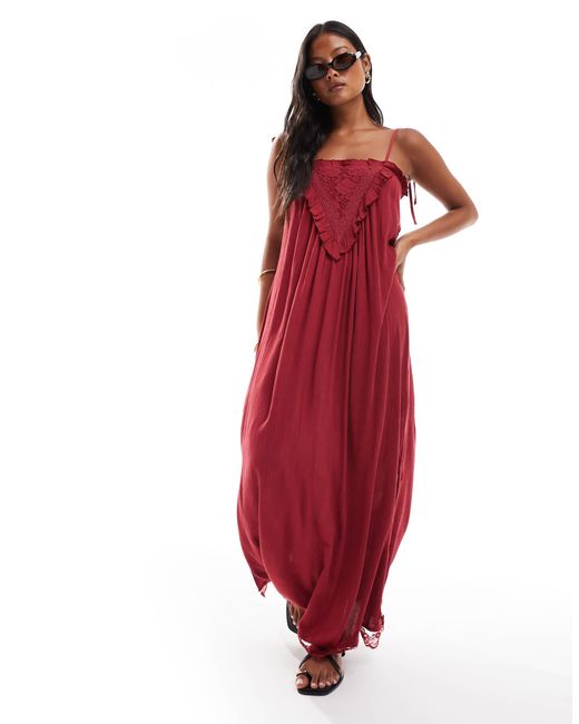 Miss Selfridge Red Lace Detail Maxi Slip Dress