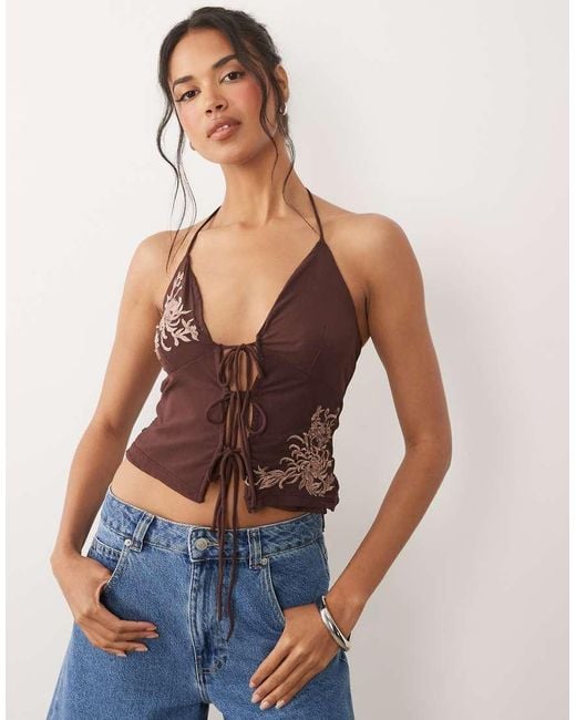 ASOS Blue Embroidered Halter Neck Split Front Cami Top