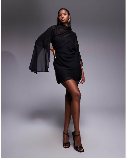 ASOS Black Drape Front Extreme Cape Sleeve Mini Dress