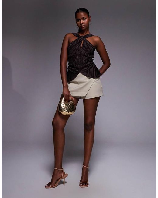 ASOS Brown Plisse Halter Neck Top With Knot And Split Detail