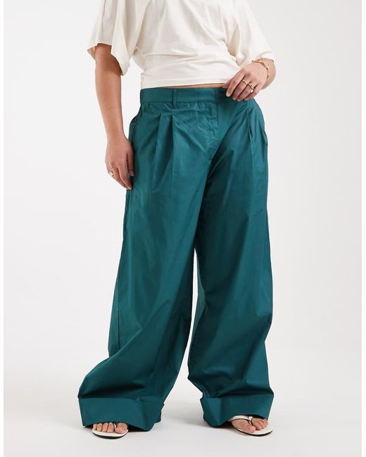 ASOS Blue Asos Design Curve Wide Leg Trousers With Turn Up