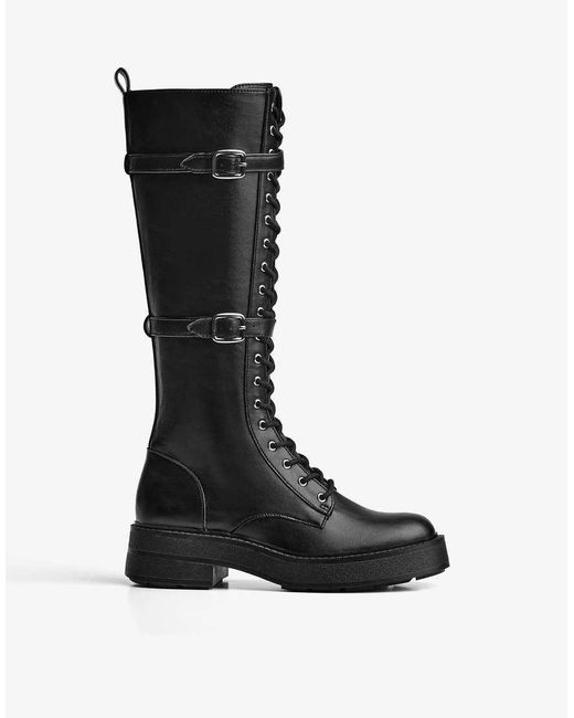 Bershka Black Flat Lace-up Boots With Buckles