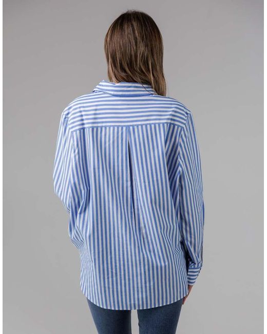 French Connection Blue Cotton Relaxed-Fit Long Sleeve Striped Popover High-Low Hem Shirt