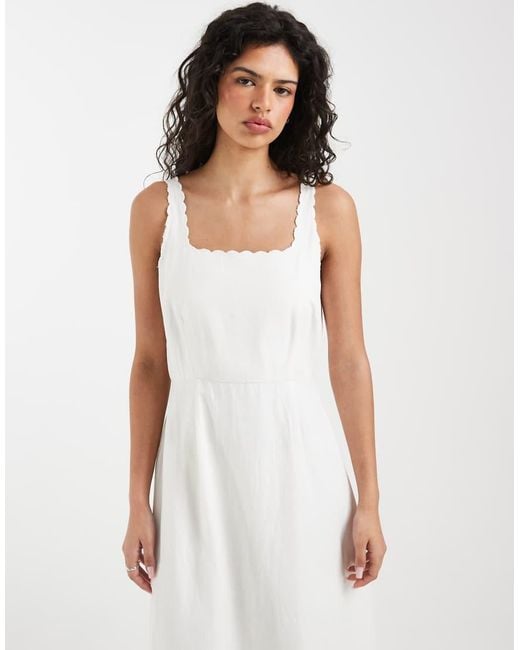 Vero Moda White Linen Look Scallop Edge Square Neck Cami Midi Dress