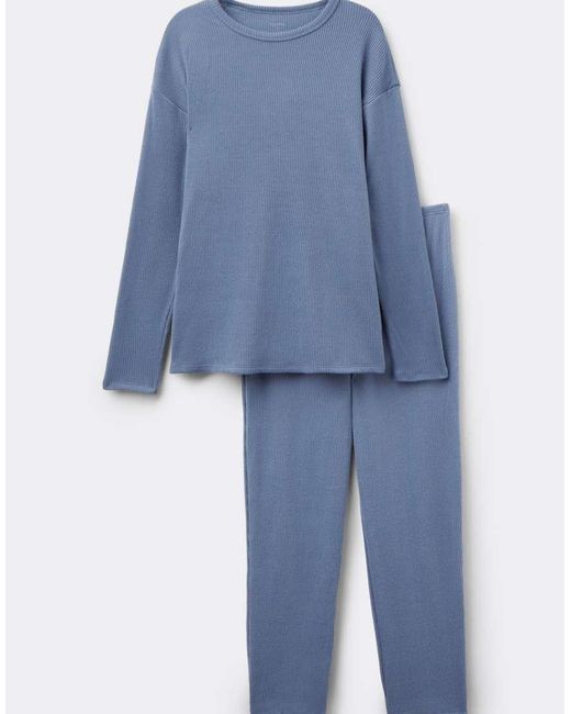 Tezenis Blue Long Ribbed Round Neck Pyjamas