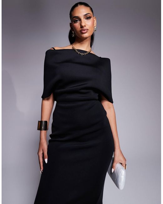 Robe mi-longue en néoprène avec encolure bardot prononcée et cape dans le dos ASOS en coloris Black