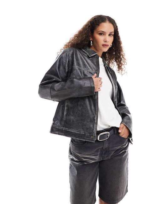 Urbancode Gray Distressed Leather Dads Harrington Jacket