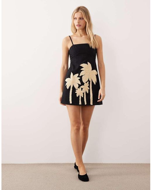 ASOS Black Cami Raffia Palm Detail Mini Sundress