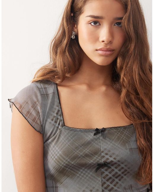 Reclaimed (vintage) Gray Square Neck Split Front Mesh Top