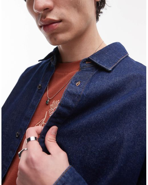 Topman – langärmlige hemdjacke aus gewaschenem raw-denim-canvas in Blue für Herren