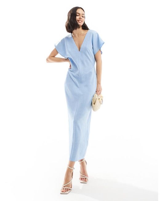 ASOS Blue Angel Sleeve Plunge Midi Dress