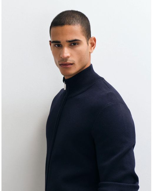 Threadbare Blue Zip Up Knit Cardigan for men