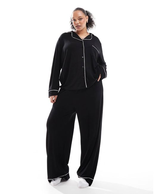 ASOS Black Asos design curve – superweicher pyjama aus langärmligem hemd und hose