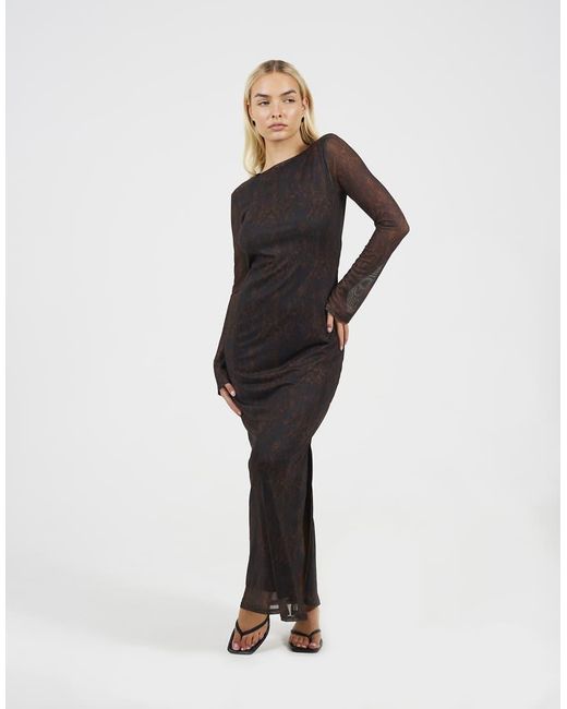 Brave Soul Brown Snake Print Long Sleeve Mesh Maxi Dress