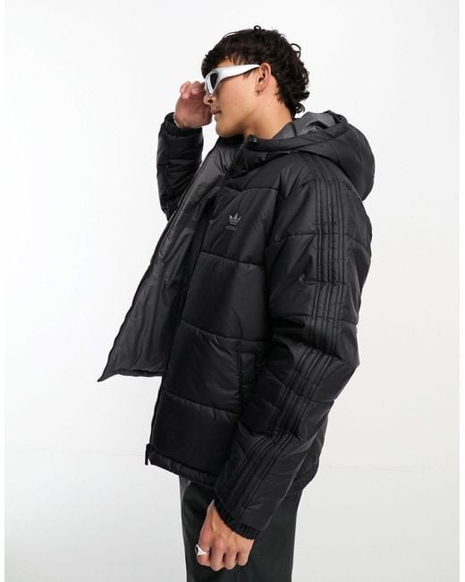 Adidas Originals Black 3 Stripe Reversible Puffer Jacket for men