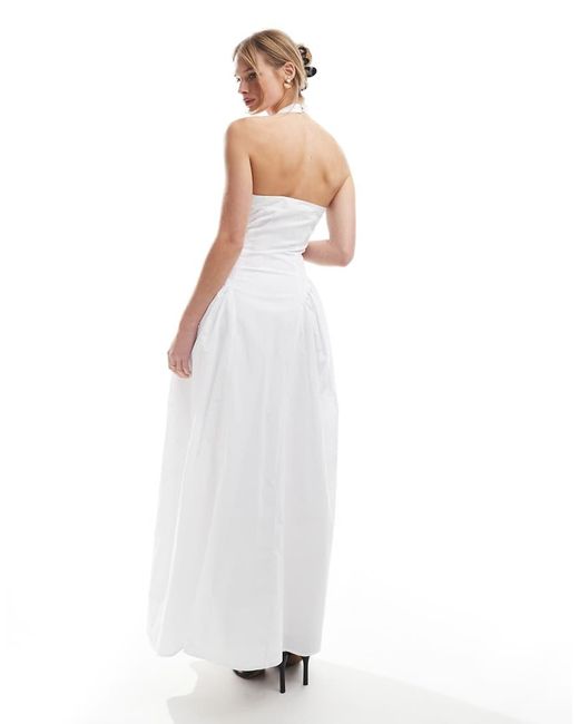 4th & Reckless White Cotton Square Halterneck Hip Pleat Detail Maxi Dress