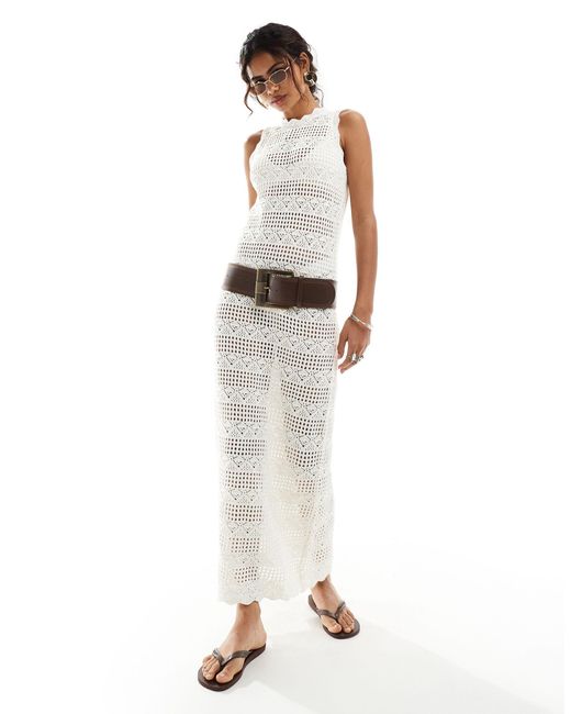 Monki White Crochet Knit Sleeveless Maxi Dress