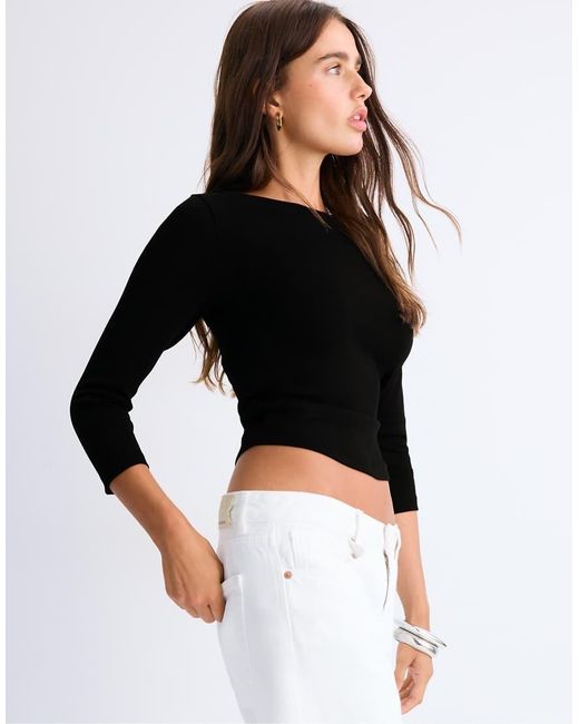 Stradivarius White Boat Neck 3/4 Sleeve T-shirt