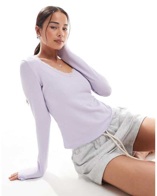 Cotton On Purple Cotton On Lace Trim Long Sleeve Waffle Sleep Top