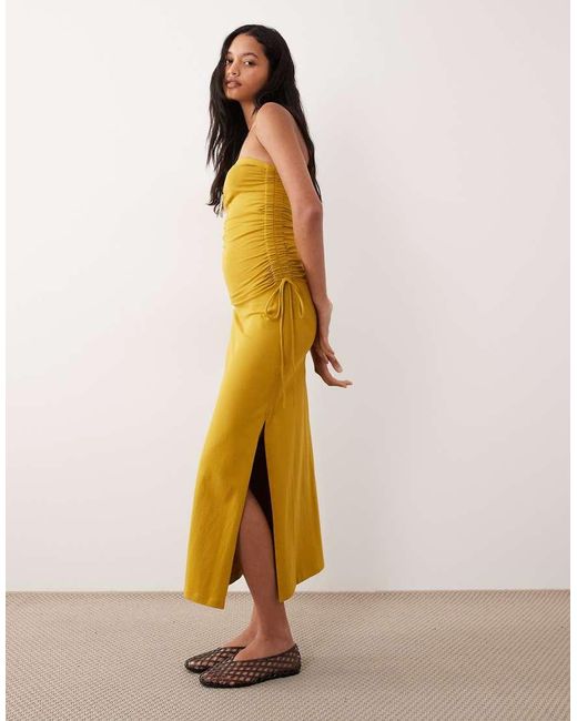 ASOS Yellow Bandeau Ruched Side Midi Dress Ochre