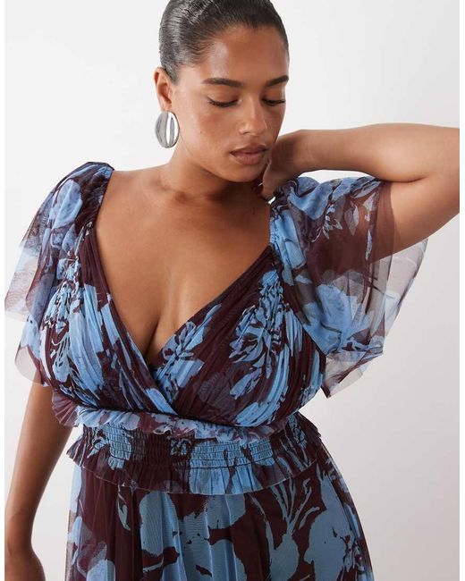 Lace & Beads Plus Blue Tulle V Neck Flutter Sleeve Maxi Dress
