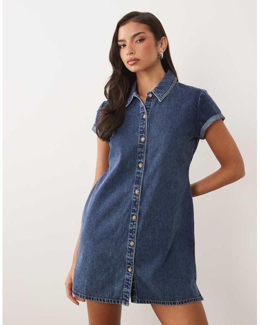 GOOD AMERICAN Blue Button Through Mini Dress With Turn-Up Sleeves