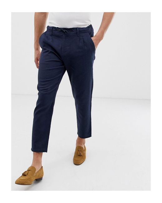 Only & Sons Slim Fit Linen Mix Trousers in Blue for Men | Lyst