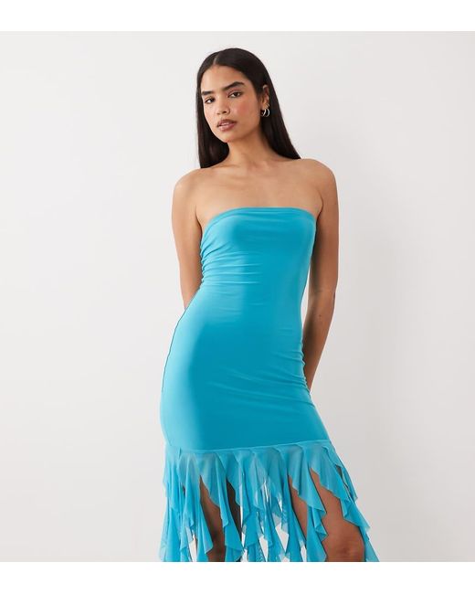 Kaiia Blue Exclusive Textured Mesh Bandeau Ruffle Hem Maxi Dress