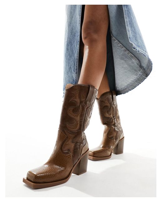 Public Desire Brown Texas Western Mid Ankle Boot With Snake Print