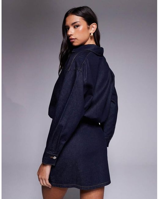 ASOS Blue Denim Mini Shirt Dress With Fitted Skirt And Shoulder Pad