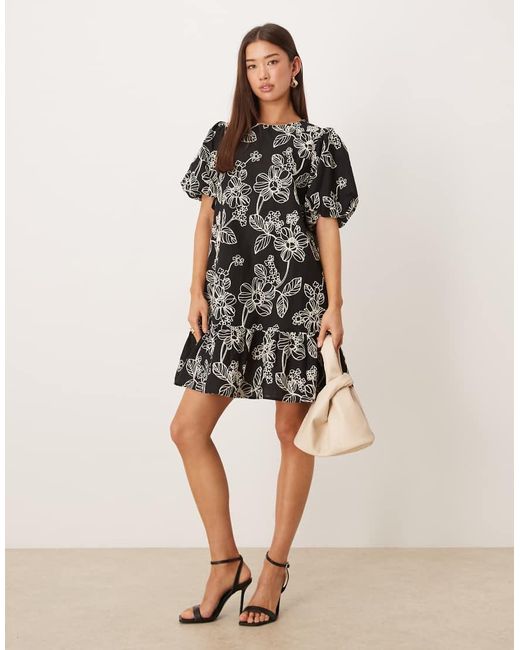 Lovedrobe Natural Embroidered Short Sleeve Swing Mini Dress