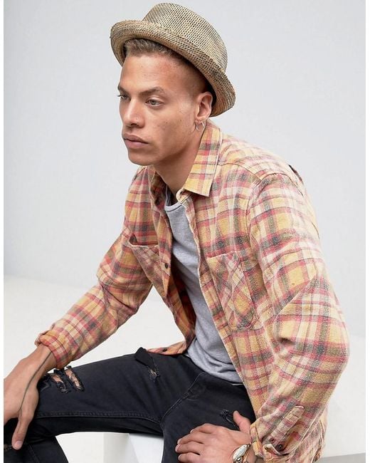 ASOS Natural Straw Pork Pie Hat With Distressing for men