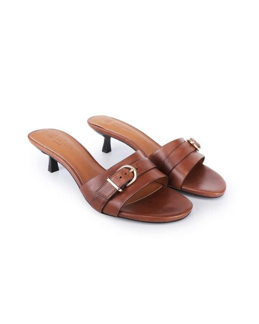OFF THE HOOK Brown Jackie Leather Kitten Heel Mule Sandals With Buckle Detail