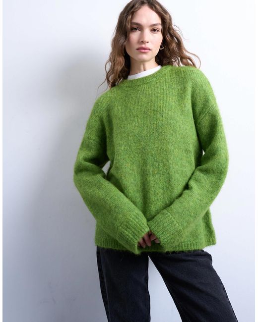 TOPSHOP Green Knit Boxy Fluffy Crew Neck Sweater