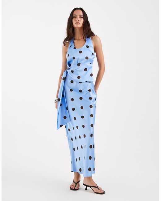 4th & Reckless Blue Satin Halterneck Drape Waist Detail Top Co-ord