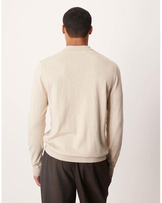 SELECTED Natural 100% Cotton Long Sleeve Half Zip Polo for men
