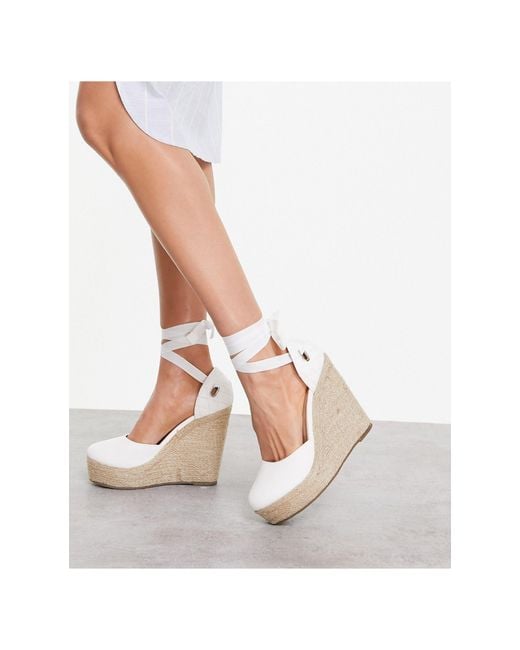 Truffle Collection White High Espadrille Wedges With Tie Leg