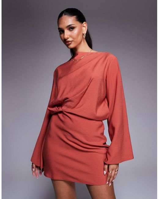 ASOS Red Long Sleeve Tucked Waist Bias Mini Dress