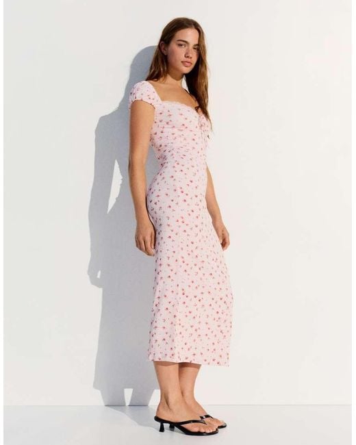 Bershka Pink Lace Crinkle Midi Dress