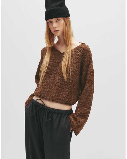 Pull&Bear Brown Chenille V-Neck Sweater