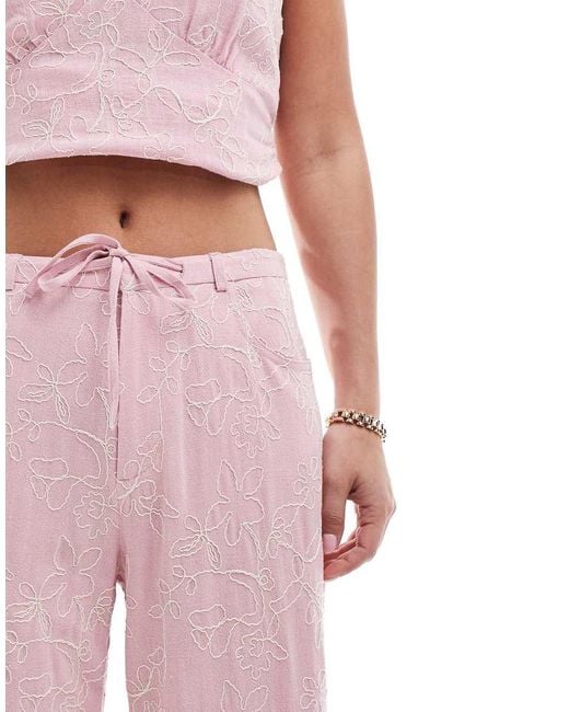 Stradivarius Pink Linen Blend Embroidery Detail Pants