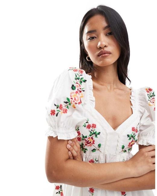 Miss Selfridge White Embroidered Mini Babydoll Dress
