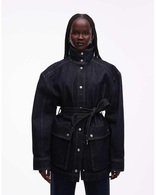 & Other Stories Blue Pure Cotton Funnel Neck Denim Short Jacket With Belt Detail