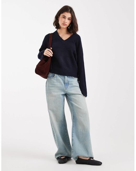 ASOS Blue Knitted Boxy V Neck Jumper
