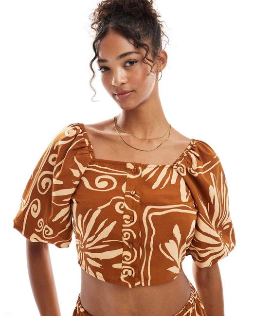 Wednesday's Girl Brown Tile Floral Puff Sleeve Blouse Co-ord