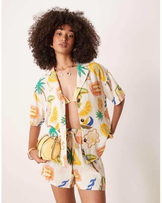 ASOS Multicolor – kurzärmliges hemd aus leinenmix mit tropischem print, kombiteil
